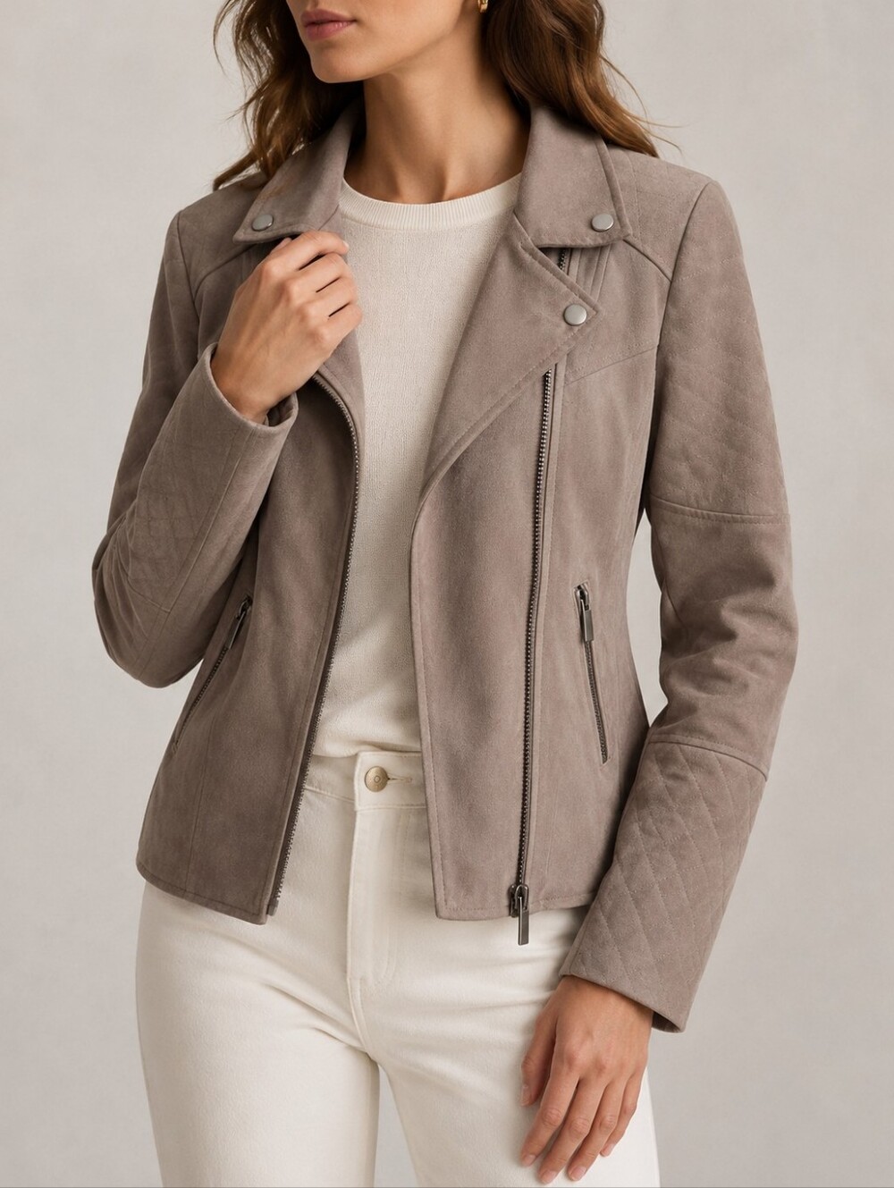 KUT From The Kloth Emma Taupe Faux Suede Moto Jacket Womens Size Large